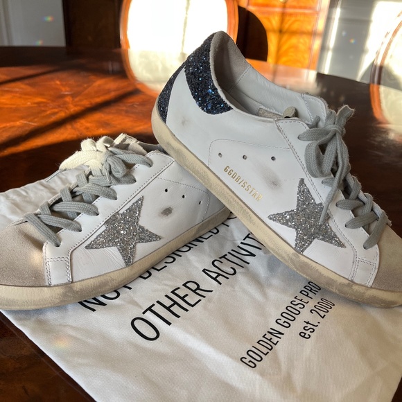Golden Goose SuperStar sneakers- silver star and glittery navy heel tab Sz 8(38) - Picture 1 of 11